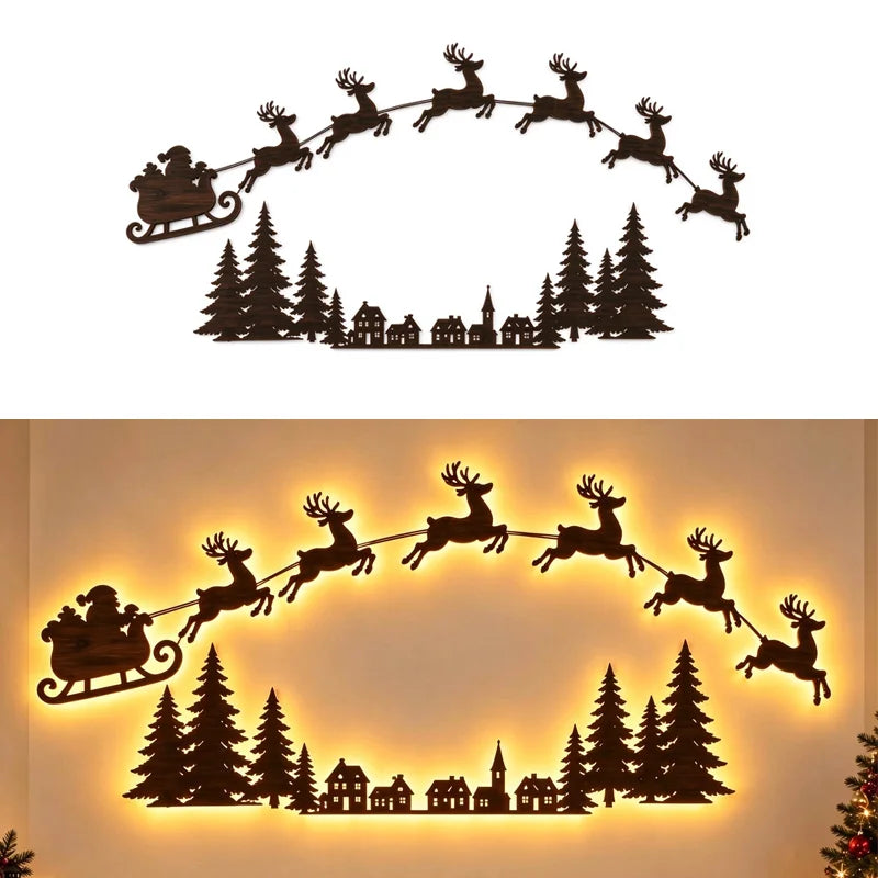 LED Light-Up Wooden Reindeer & Santa Sleigh Wall Decor with Remote — Battery Powered Christmas Wall Stickers