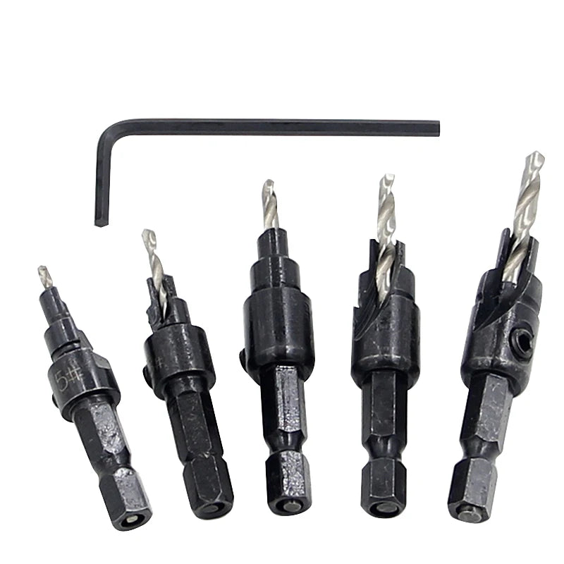 5pc Hex Shank Countersink & Taper Drill Bit Set for Wood (56–69mm) – Screw Hole Opener & Reamer