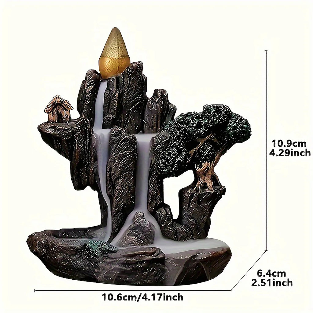 Backflow Incense Burner Waterfall Fountain – Mountain River Resin Censer with 60 Backflow Cones