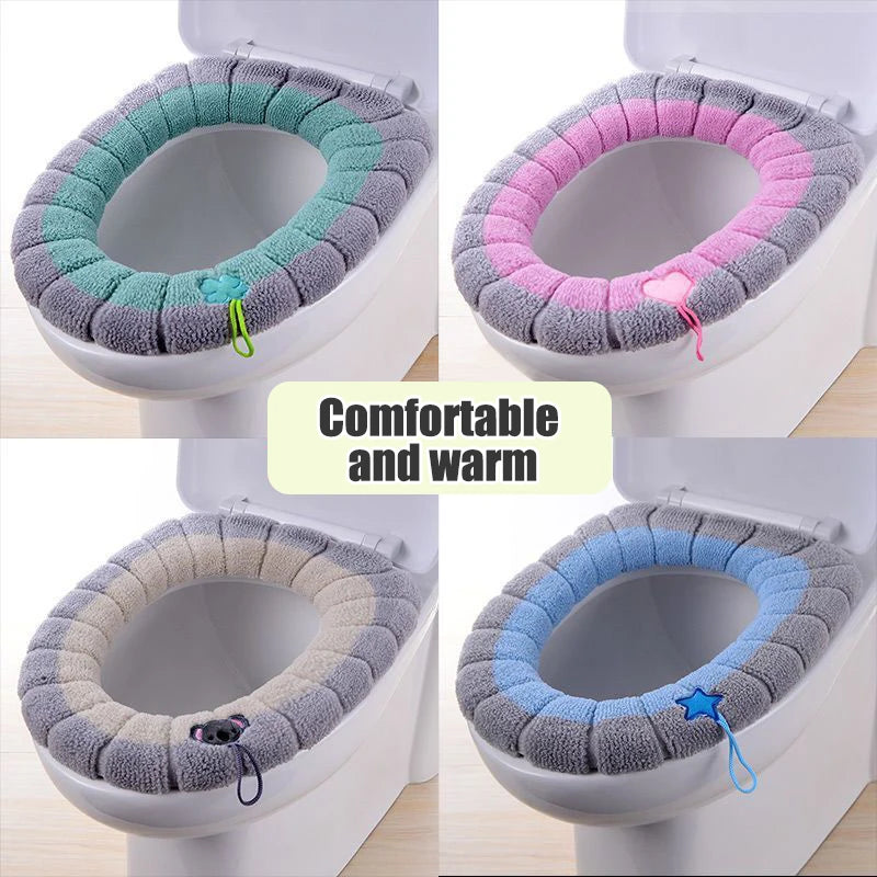 Universal Thick Knit Toilet Seat Cover Cushion - Soft Washable Padded Toilet Seat Warmer with Lid Handle