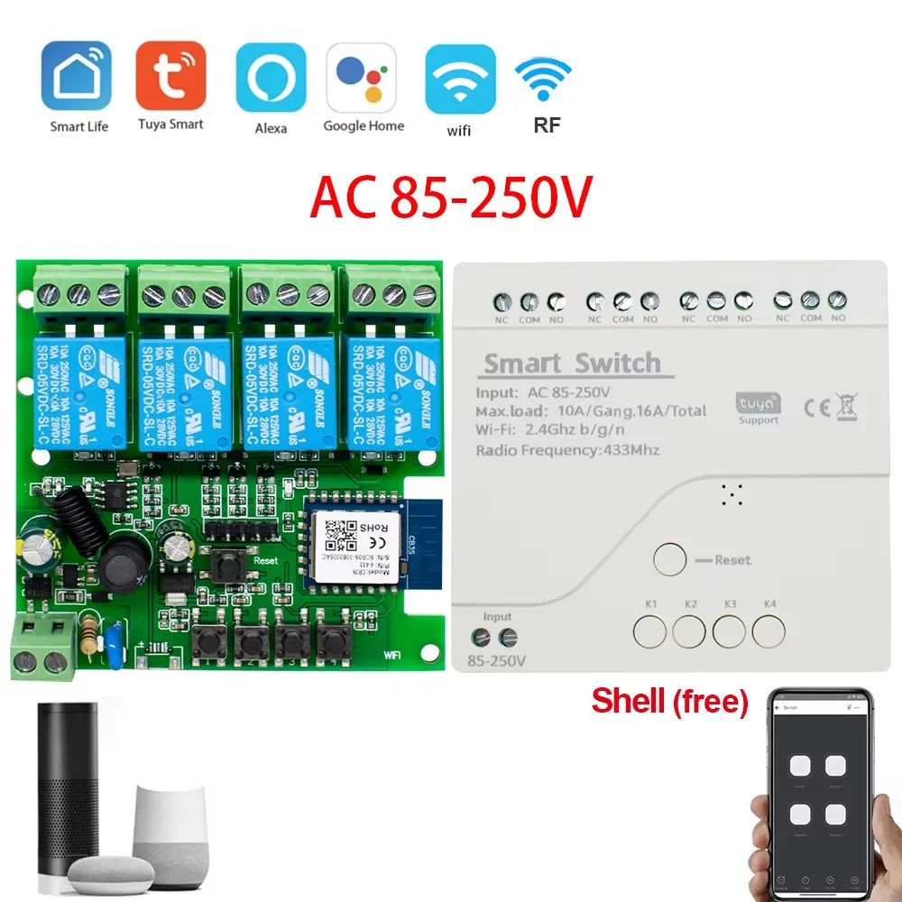 4-Channel WiFi Smart Relay Switch RF433 — AC/DC 7-32V & AC 85-250V Garage Door & Motor Controller