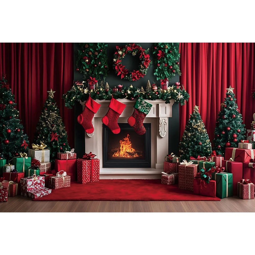 Christmas Photography Backdrop - Red Curtain & Window Scene with Snowy Bear and Gifts for Kids & Family Portraits