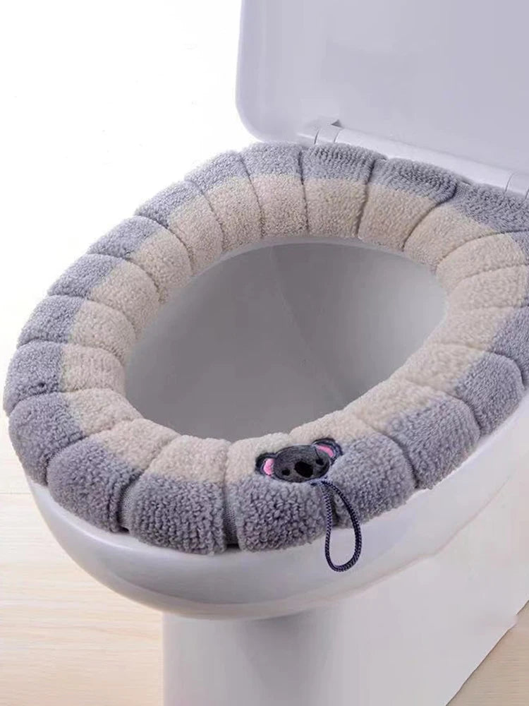 Universal Thick Knit Toilet Seat Cover Cushion - Soft Washable Padded Toilet Seat Warmer with Lid Handle