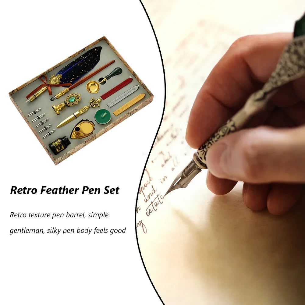 Retro Feather Dip Pen Calligraphy Set with Ink, 5 Nibs & Wax Seal Kit – Quill Writing Set for Stationery, Crafts & Gifts
