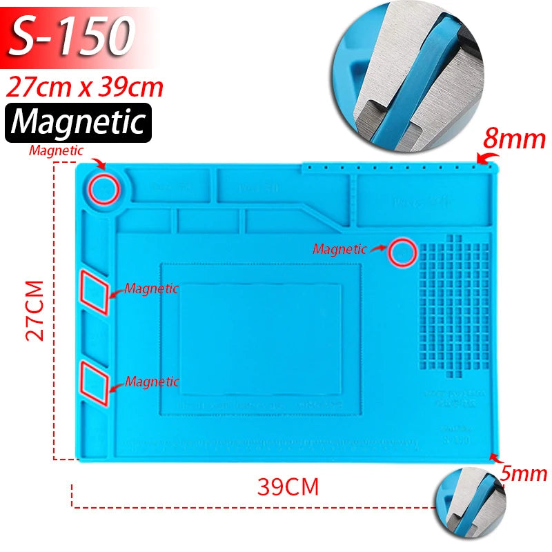 Silicone Soldering Work Mat Heat-Resistant to 932°F (500°C) Anti-Static Magnetic Repair Mat for Electronics, Phones, Laptops & Watches