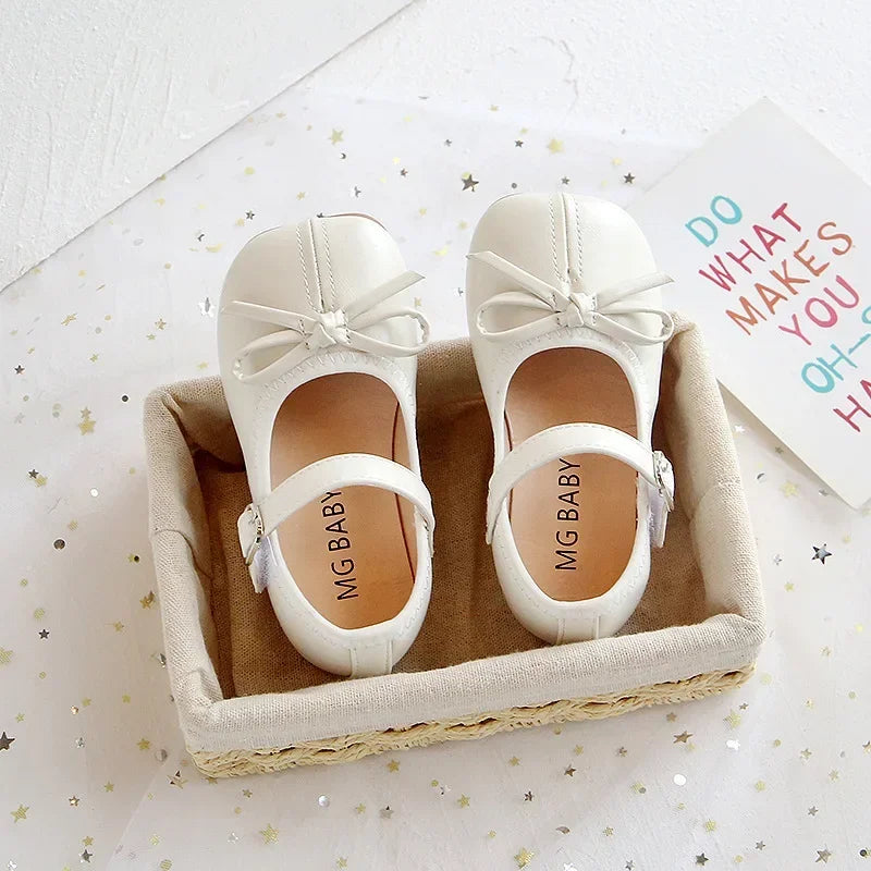 Girls PU Leather Mary Jane Flats with Butterfly Accent – Soft Sole Infant, Toddler & Kids Shoes