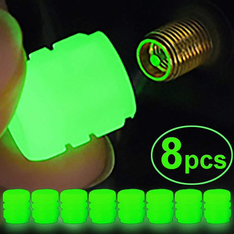 Glow-in-the-Dark Luminous Tire Valve Caps Set of 4 — Fluorescent Wheel Valve Stem Caps Universal for Car Motorcycle Bicycle