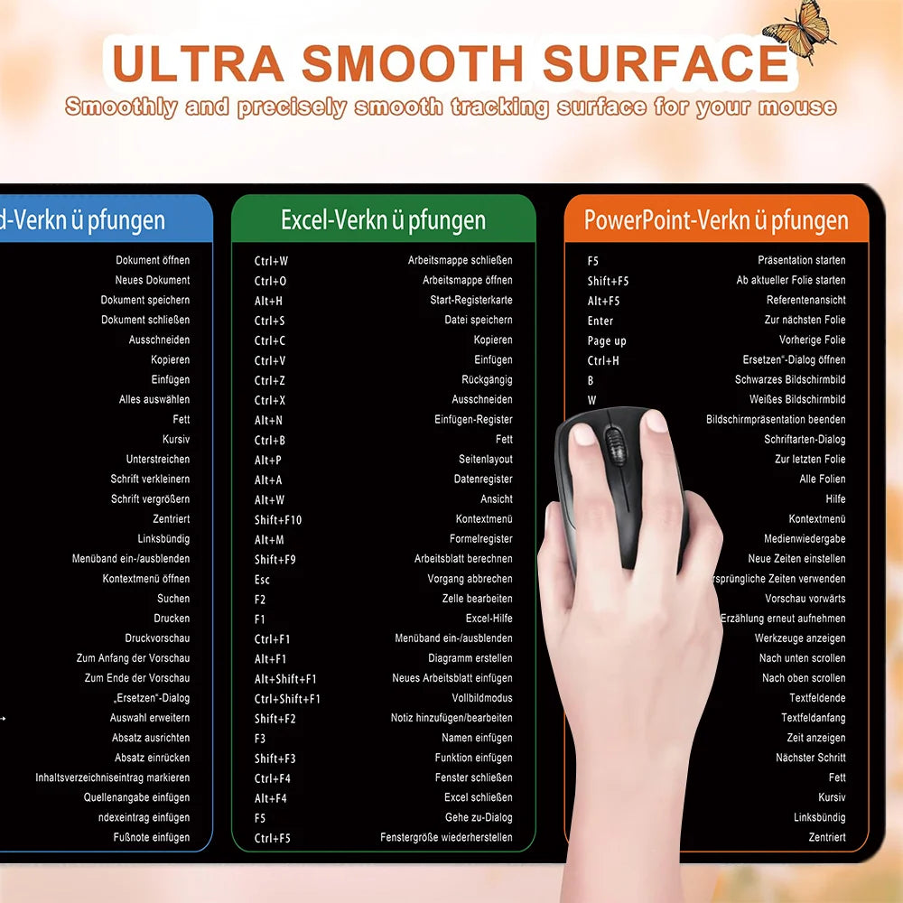 German Excel Shortcuts Large Desk Mouse Pad – Anti-Slip Keyboard Mat for Office Workers & Students