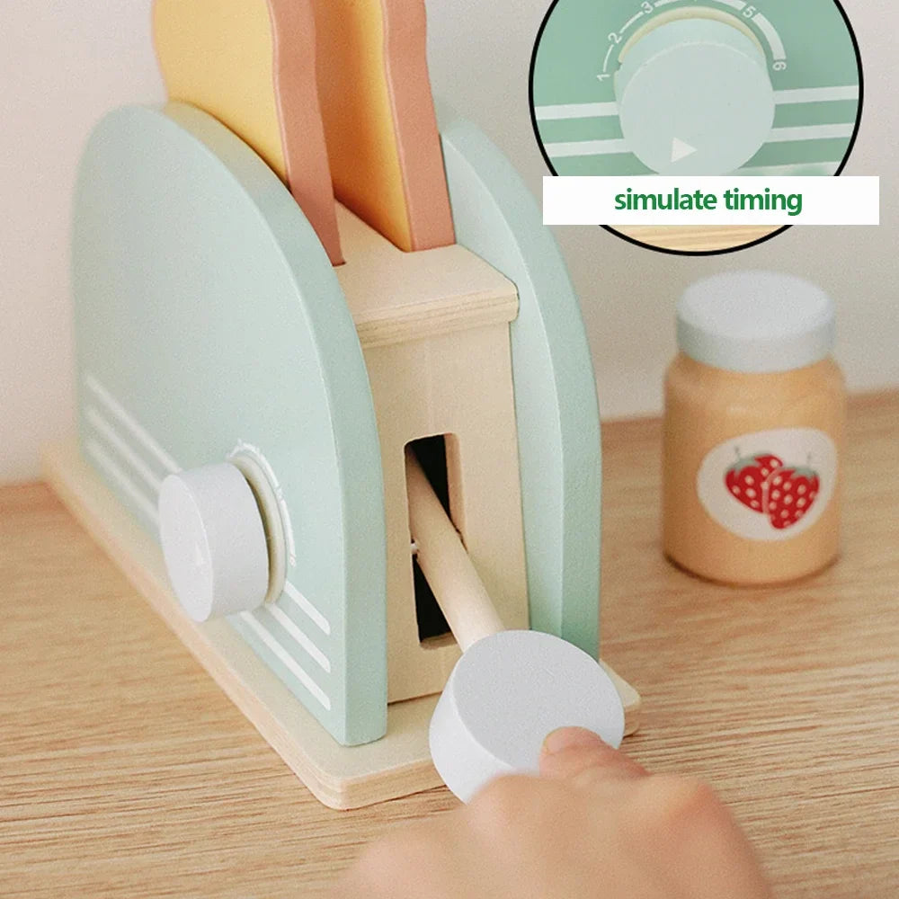 Wooden Toy Toaster Play Kitchen Set – Pretend Bread Machine Kit for Kids, Educational Breakfast Playset, Gift for Boys & Girls