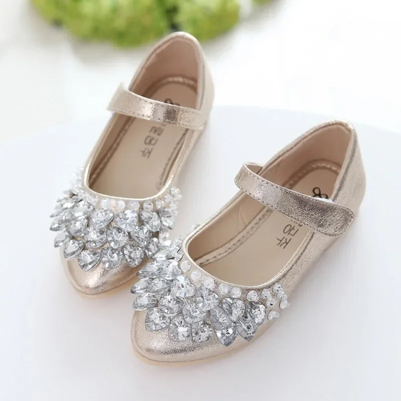 Girls Crystal Princess Flats – Shiny PU Leather Party & Wedding Shoes for Kids, EU Sizes 26-36 (Gold Pink Silver)