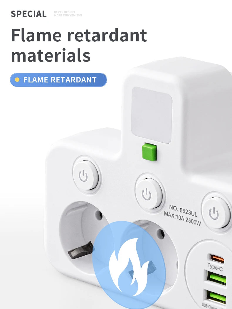 EU 4-Socket Wall Power Adapter with Individual Switches, 2500W Mountable Multi-Outlet (No Extension Cable) USB Option