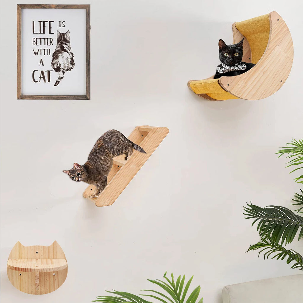 Moon-Shaped Wall-Mounted Cat Shelf & Hammock - Solid Pine Wood Climbing Shelves with Ladder Perches for Indoor Cats