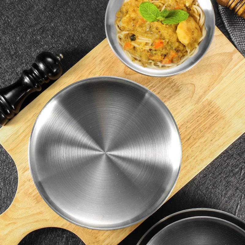 304 Stainless Steel Double-Walled Insulated Round Plate for Dinner, Snacks & Fruit
