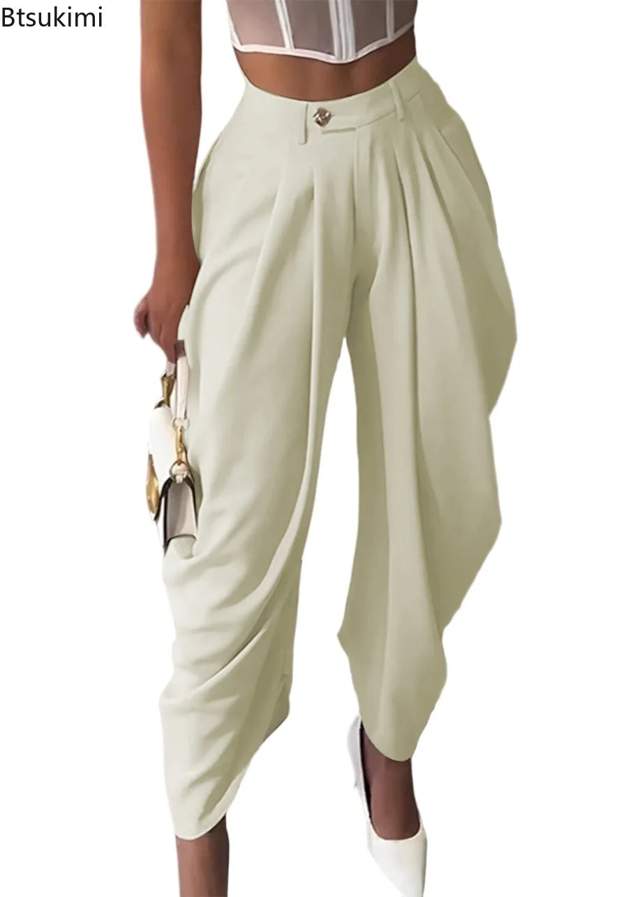 High-Waisted Pleated Wide-Leg Cropped Pants for Women – Loose Harem Skirt-Pant, Casual