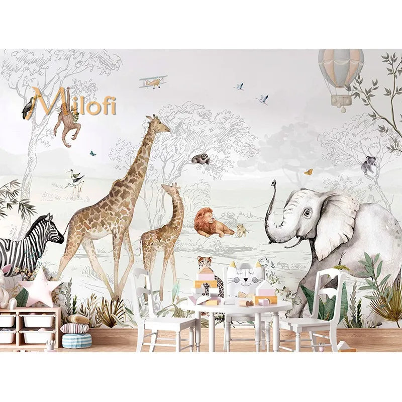 Custom Watercolor Jungle Animal Peel-and-Stick Wall Mural - Giraffe Elephant Zebra Nursery & Kids Wallpaper