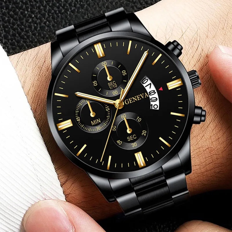2-Piece Men's Business Quartz Watch and Bracelet Set - Alloy Steel Band, Calendar, Folding Clasp