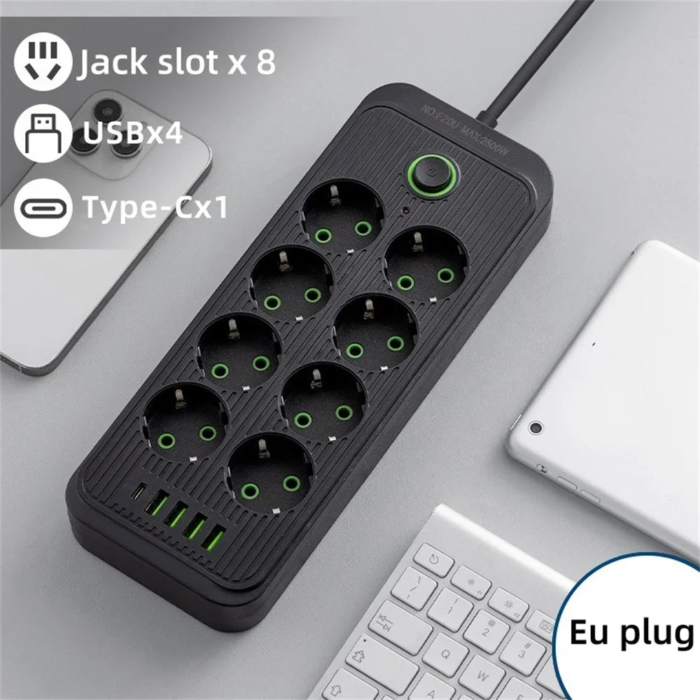 2M EU Plug Power Strip Surge Protector — Multi Outlet Extension Cord with 4 USB Ports & USB-C Fast Charging