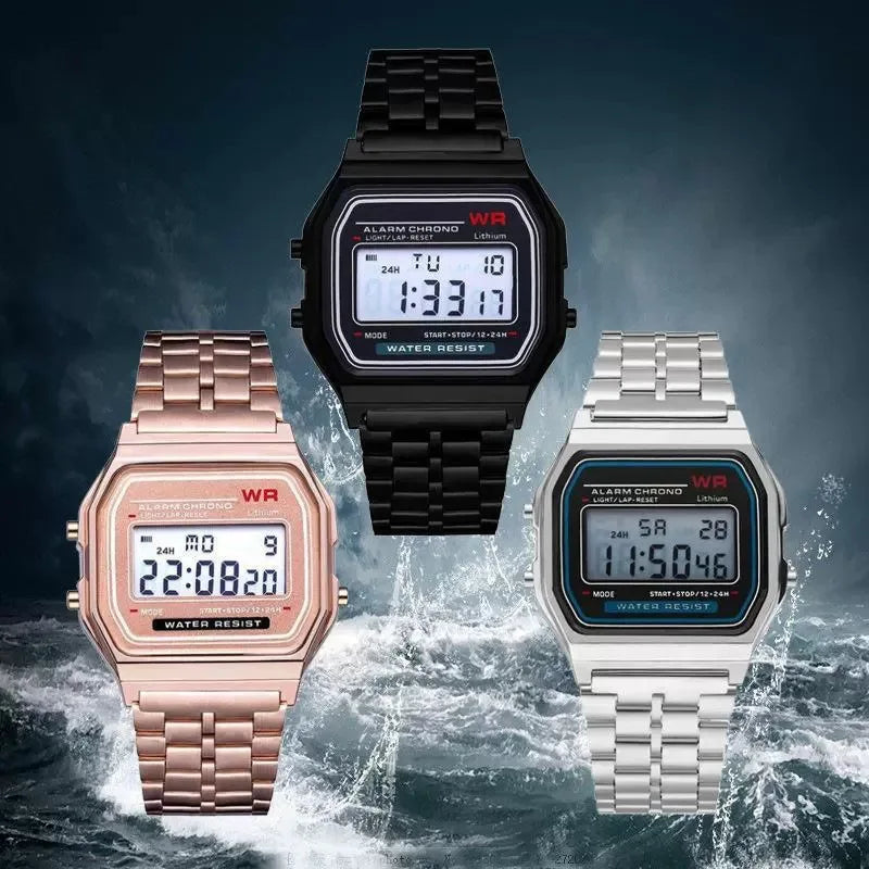Multifunction LED Digital Sports Wristwatch with Stainless Steel Bracelet, Unisex Business Dress Watch