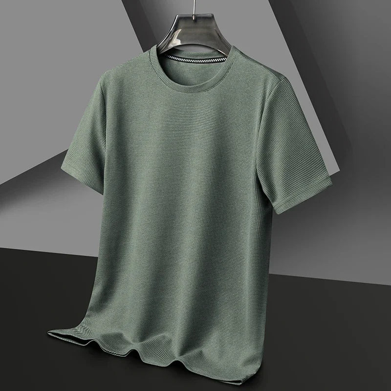Men's Summer Waffle Knit Short Sleeve T-Shirt Round Neck Casual Breathable Tee