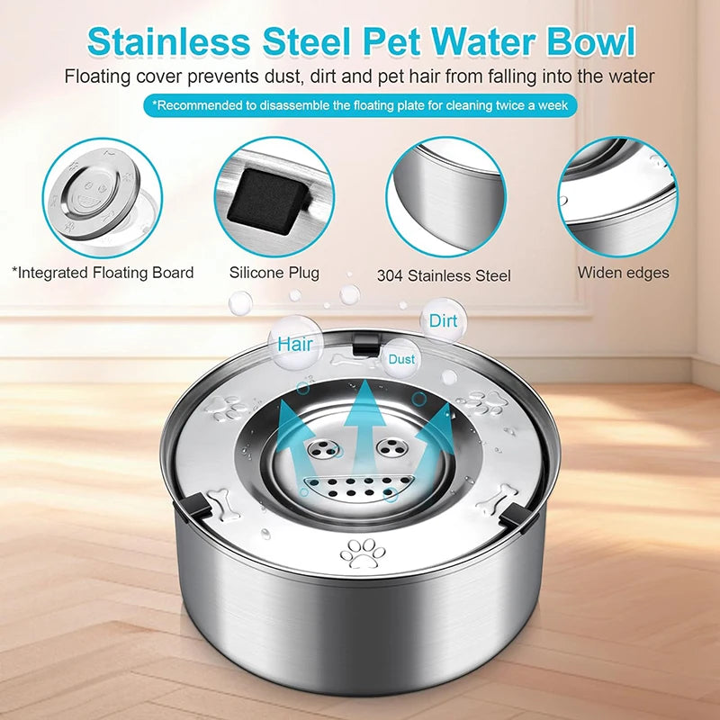 Large Stainless Steel No-Spill Floating Pet Bowl — 3L (3 liters / 101 fl oz) Water Feeder for Dogs & Cats, Non-Slip Anti-Splash