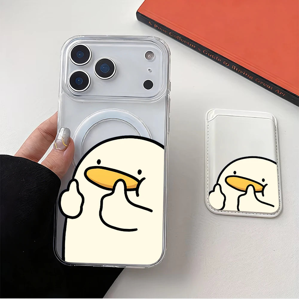 Cartoon Duck MagSafe-Compatible Clear Phone Case with Magnetic Leather Card Holder