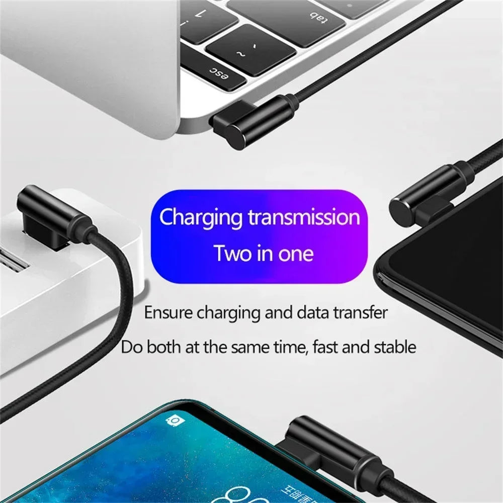 40W 5A USB-A to USB-C Fast Charging Braided Cable 90 Degree Elbow PD Quick Charge for iPhone Samsung Xiaomi Huawei