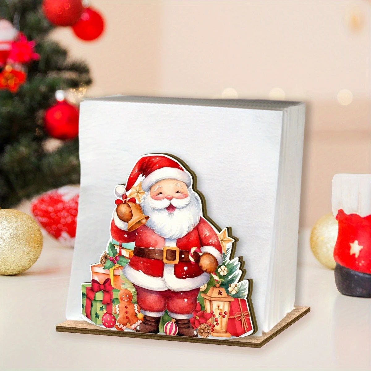 Santa Claus Wooden Napkin Holder - Holiday Tabletop Napkin & Tissue Holder, Christmas Dining Decor