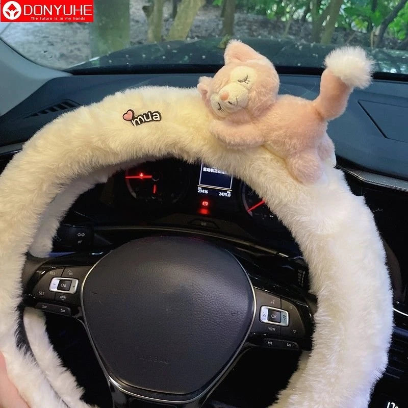 Cute Cartoon Fur Steering Wheel Cover Winter Warm Car Handle Cover for Women