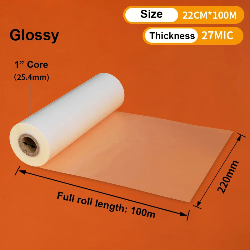 Thermal Roll Laminating Film 220mm x 100m (8.66 in x 328 ft) 1-inch Core - Satin, Matte & Glossy BOPP 25/27/28 µm for Hot Roll Laminators