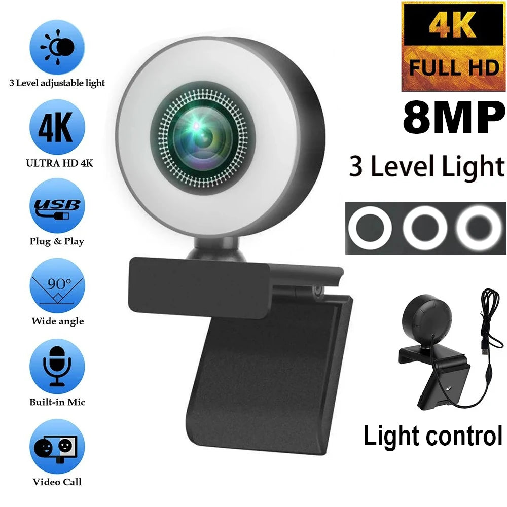 4K USB Webcam (8MP) 1080P/720P Auto-Focus Laptop Camera with Noise-Reduction Mic, Adjustable Clip & Light Control for Live Streaming