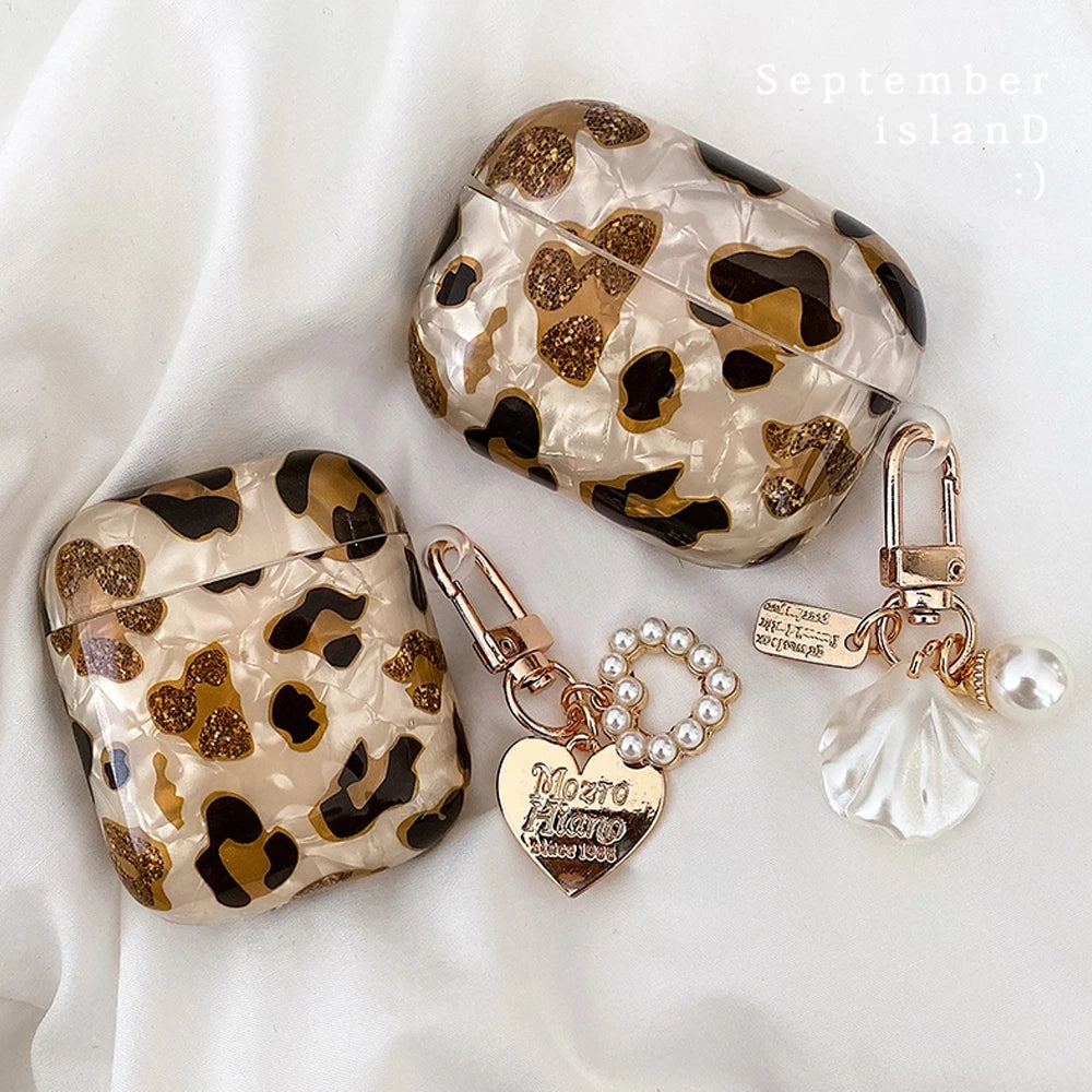 Leopard Pearl Keychain Silicone Case for AirPods Pro & AirPods - Shockproof TPU Soft Cover (USB-C Compatible)