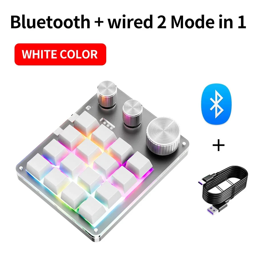 16-Key Programmable Mechanical Macro Pad with 3 Knobs, RGB Hot-Swap — USB / Bluetooth / 2.4G Wireless