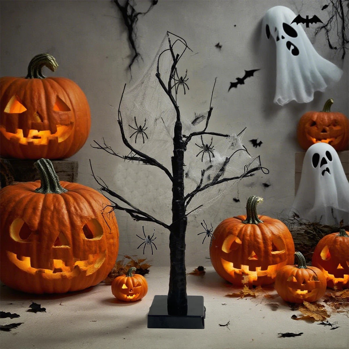 24-LED Black Birch Tree Table Lamp with Stretch Cobweb & 5 Spiders – Halloween Party LED Home Decor