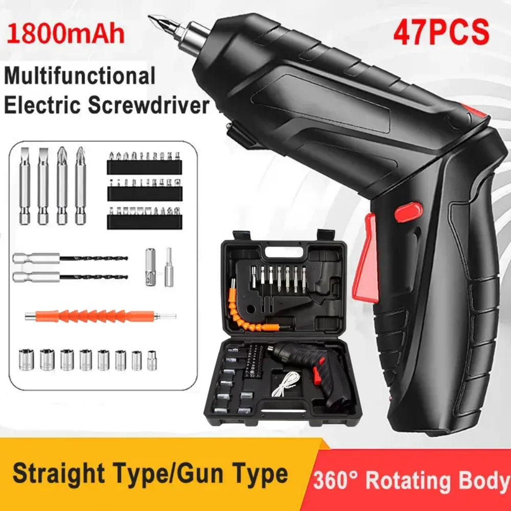 47-Piece 3.6V Cordless Electric Screwdriver Set — 1800mAh Rechargeable USB Portable Home Repair Kit