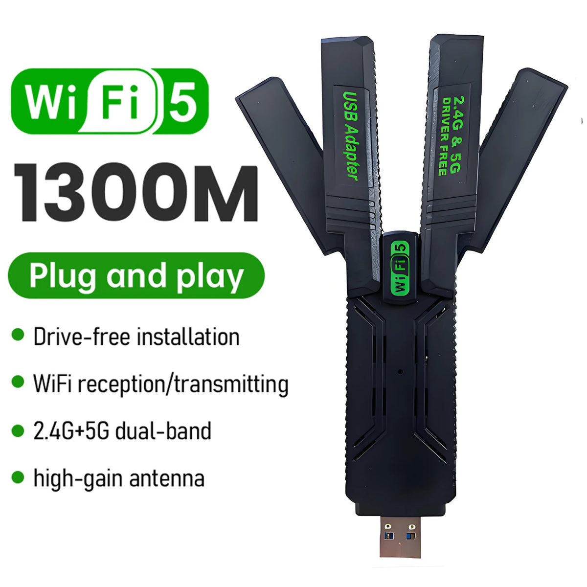 USB WiFi Adapter 1300Mbps Dual-Band 2.4/5GHz with 4 Antennas - USB 3.0 Plug & Play Hotspot for Windows PC