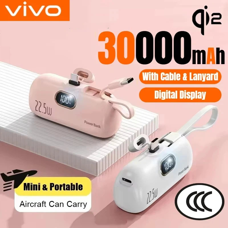 30,000mAh Mini Capsule Power Bank – Portable Fast Charger with Wireless Charging, Dual USB, Type-C & Lightning