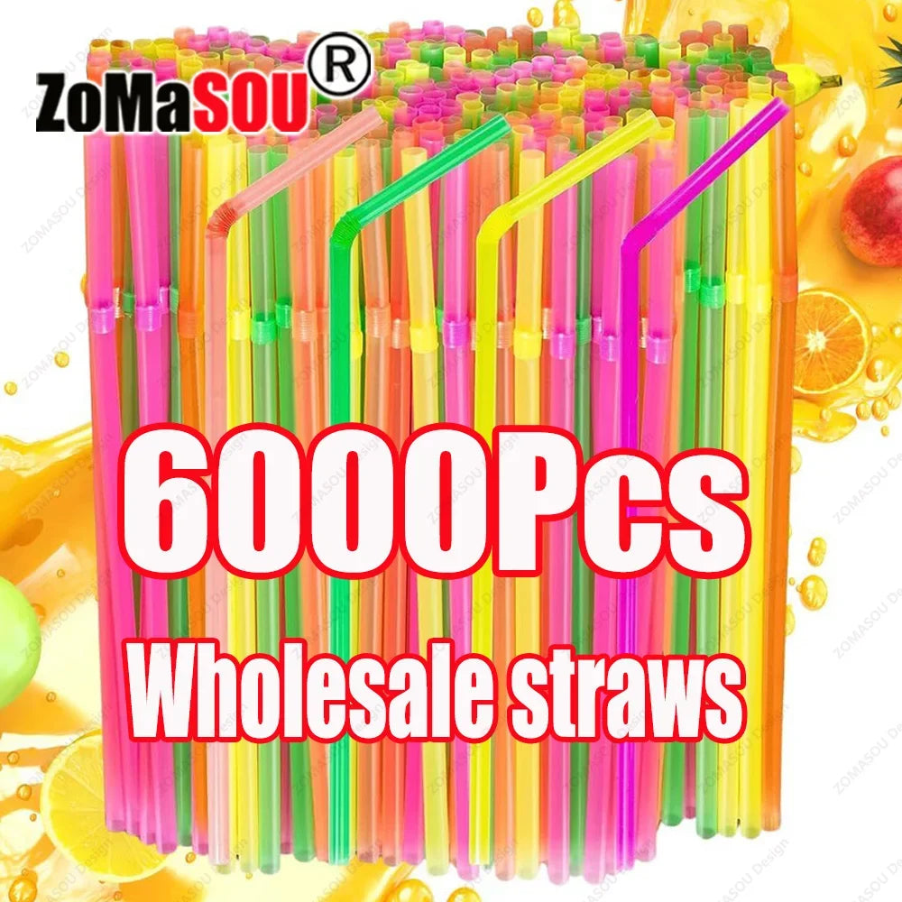 Multicolor Flexible Plastic Drinking Straws — Reusable Cocktail & Boba Straws 8.3 in (21 cm) x 0.2 in (5 mm) — Packs 50–6000 for Parties & Weddings
