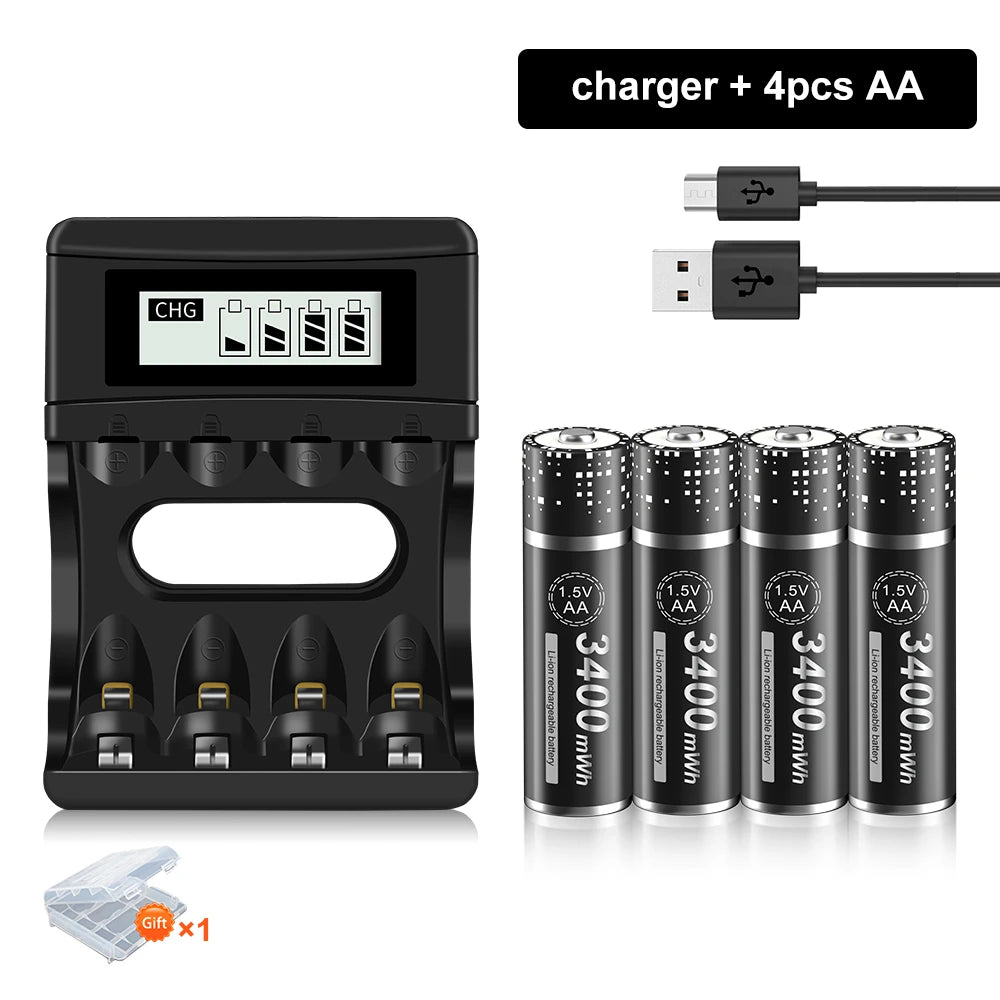 Rechargeable AA 1.5V Li-Ion Battery 3400 mWh (≈2267 mAh) Long-Lasting Power for Clocks, Wireless Mice and Toys