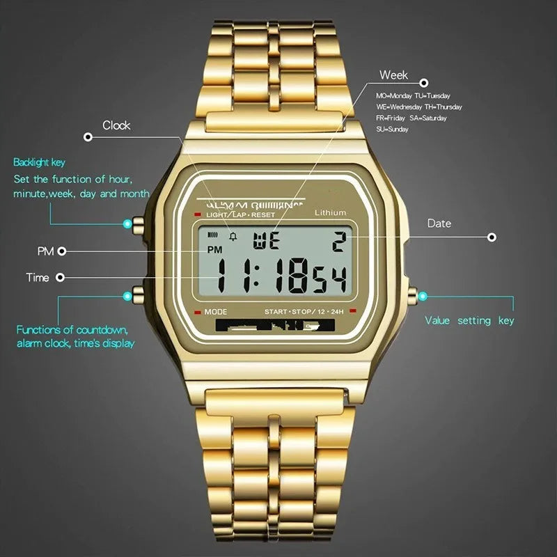 Multifunction LED Digital Sports Wristwatch with Stainless Steel Bracelet, Unisex Business Dress Watch