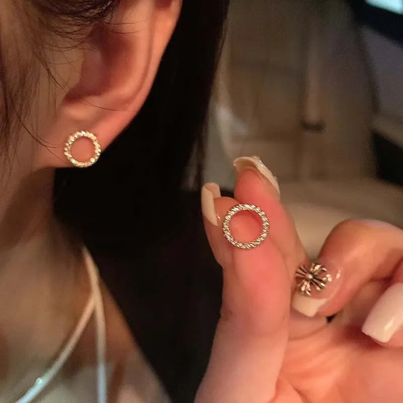 Gold Crystal Circle Stud Earrings for Women Minimalist Korean Party Jewelry