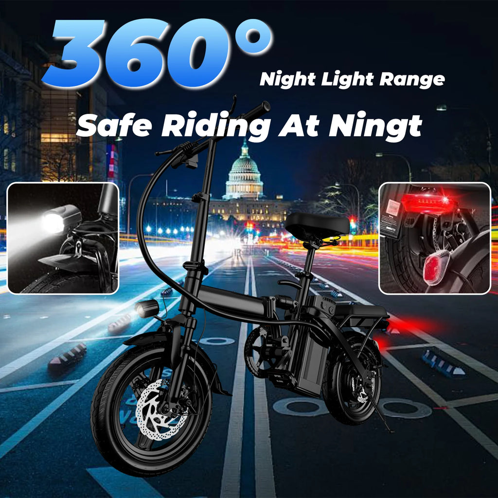 500W Folding Electric Bike 20 MPH (≤25 km/h) 48V 10.4Ah Removable Battery, 14-Inch Wheels, Dual Shock Absorption, Front Basket
