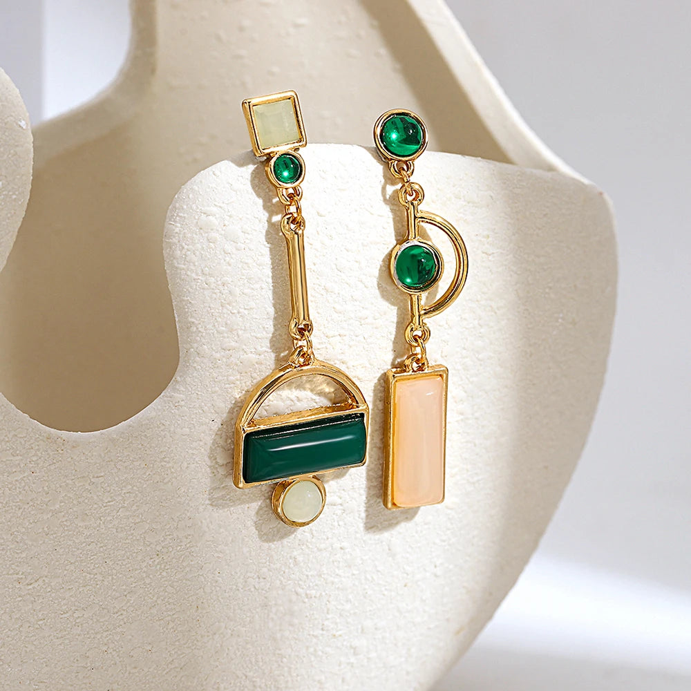 Korean Green Acrylic Geometric Dangle Earrings — Round & Square Statement Drop Earrings for Women