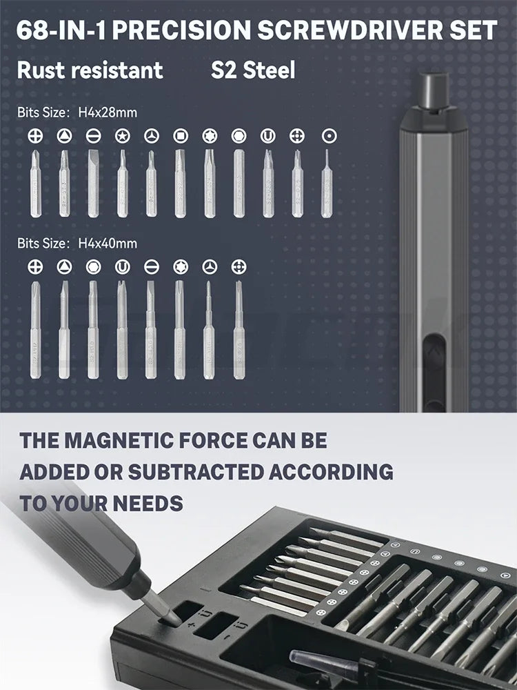 68-in-1 Precision Electric Screwdriver Set – 5 Torque Levels, LED Fill Light, Mobile Phone & iPad Repair Kit