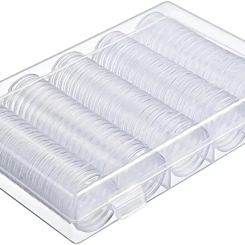 100-Pack Clear Round Coin Capsules with Storage Case, Coin Protection for Collectors and Gifts
