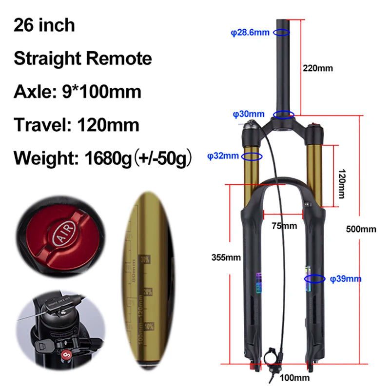 MTB Air Suspension Fork — 120mm Travel, Rebound Adjustable, 26/27.5/29 in, 9x100mm Quick Release, Disc Brake Compatible