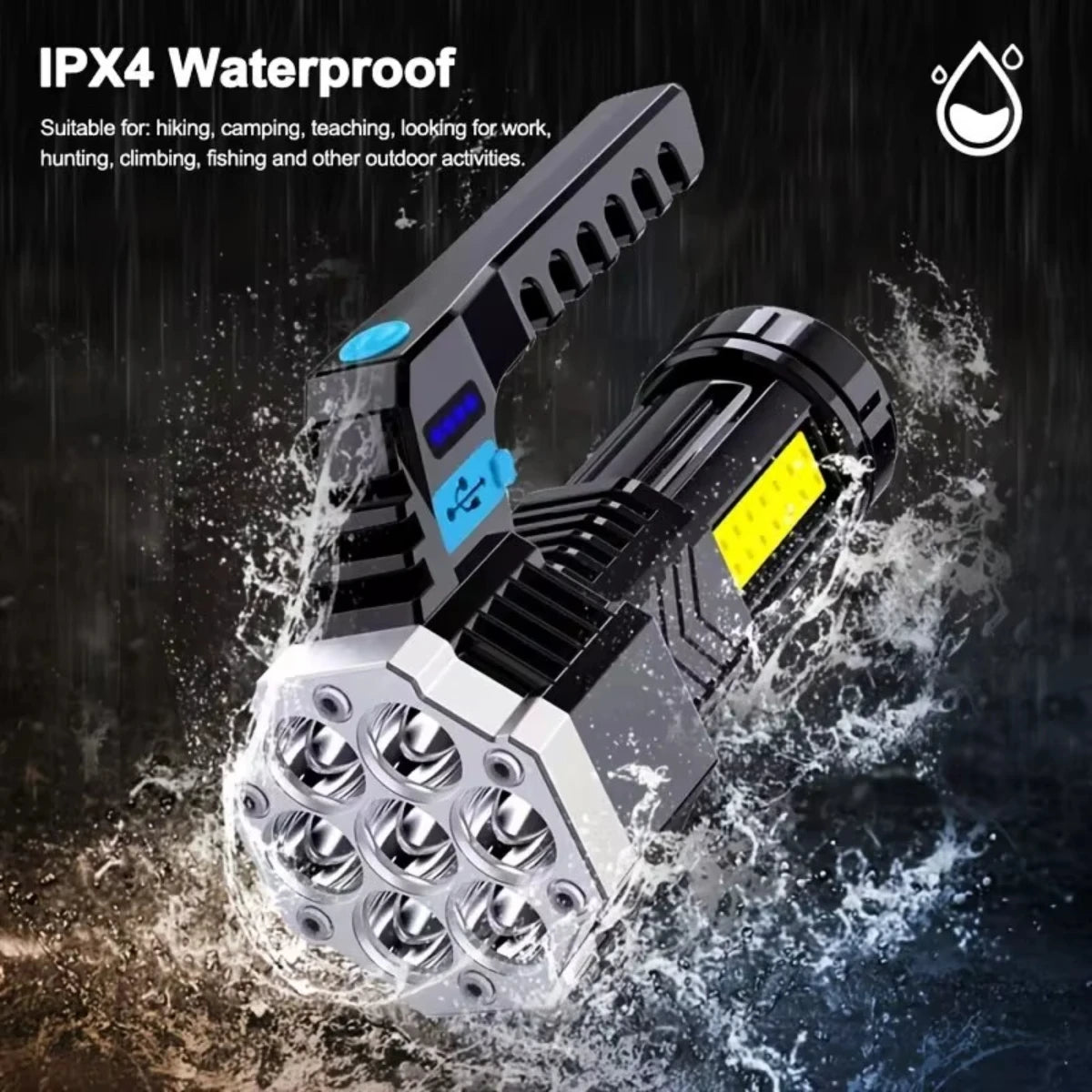 7-LED Rechargeable High-Power Flashlight with COB Side Light – USB Charging, Waterproof for Camping, Fishing & Hiking