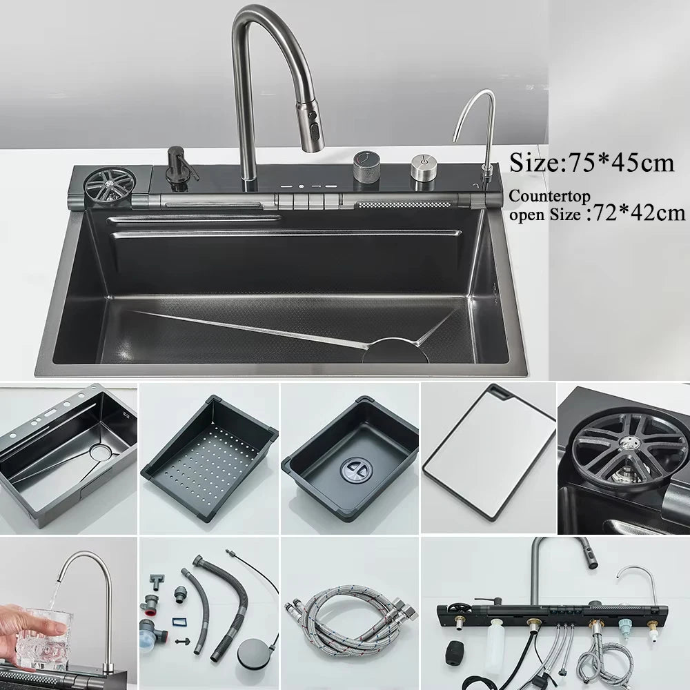 304 Stainless Steel Undermount Kitchen Sink Single Bowl 75 x 45 cm (29.5 x 17.7 in) Brushed Finish with Waterfall Faucet, Digital Display and Soap Dispenser