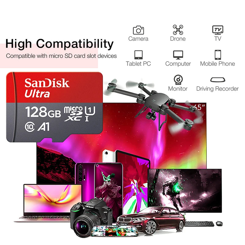 microSD Memory Card 32/64/128/256/512GB A1 Class 10 UHS‑I V10 TF Card for Smartphones, Tablets & Cameras