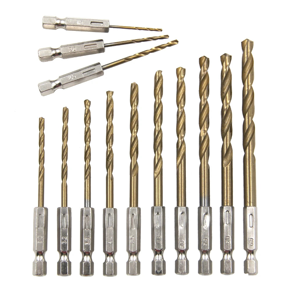 13-Piece Titanium-Plated Hexagonal Shank Twist Drill Bit Set 1.5–6.5 mm (0.06–0.26 in) for Electric Drill, Driver & Air Screwdriver