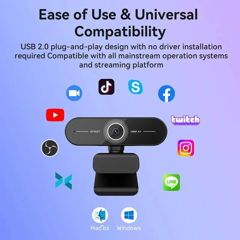 1080P Full HD Webcam with Autofocus & Dual Noise-Canceling Mics, Privacy Cover — USB Plug-and-Play, 73° FOV
